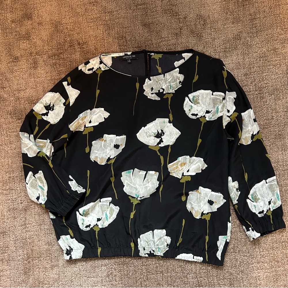 Lafayette 148 New York Black and White Floral Top